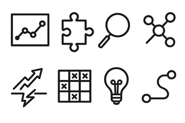 Fototapeta premium Analytical Insight Icons. Analytical Insight Symbols linear icon set: data graph, puzzle piece, magnifying lens, concept nodes, breakthrough arrow, logic grid, key idea, open path