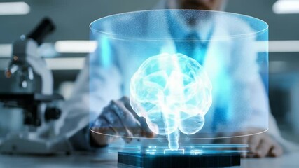 Researcher in lab coat examines glowing digital brain hologram, symbolizing cutting edge neuroscience, artificial intelligence. Highlights innovation in medical, scientific technology - Powered by Adobe