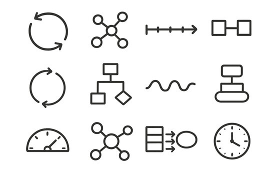 System Dynamics Icons. System Dynamics set of icons in doodle hand-drawn vector style. circular arrows, interconnected nodes, timeline, process icon, feedback loop, flowchart, wave