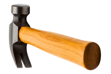 Heavy-duty metal claw hammer tool with wooden handle isolated on a transparent background