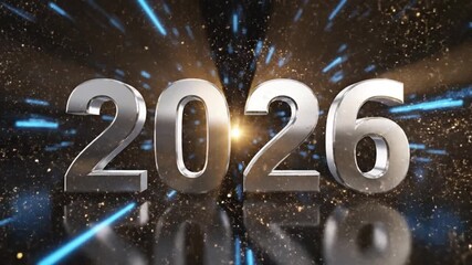 This dynamic animation features the metallic silver numbers "2026" prominently displayed against a vibrant, dark background. Golden particles shimmer and scatter, creating a festive, celebratory atmos