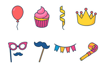 Birthday Icon Festivities. Birthday Photo Booth flat icons set. balloon, cupcake, streamer, birthday crown, funny glasses, mustache stick, banner, noise maker