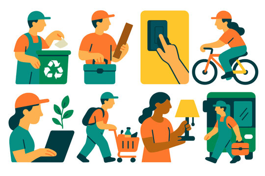 Sustainable Labor Day Icons. Labor Day sustainable work actions flat icon set: reducing waste, reusing materials, conserving energy, biking to work, paperless workflow, mindful