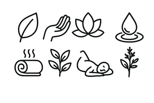 Wellness Icons Collection. Recovery & Wellness linear icon set: nature leaf, open palm, yoga lotus, essential oil drop, water ripple, warm towel, herbal plant, resting figure