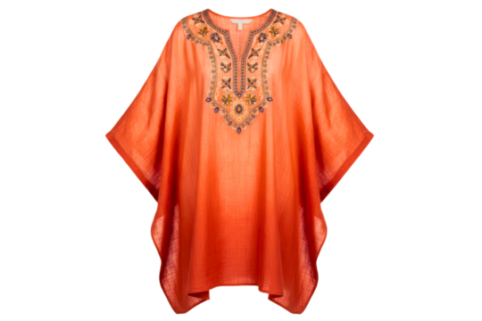 Orange bohemian kaftan tunic with embroidered neckline isolated on a transparent background