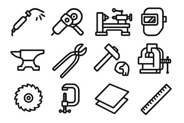 Obraz premium Blacksmith Tools Icons. Metal Workshop linear icon set. welding torch, grinder, lathe, vise, anvil, tongs, hammer, protective mask, cutting wheel, clamp, sheet metal, ruler. , .