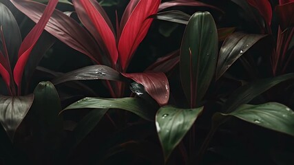 A captivating close-up of lush, vibrant foliage showcasing rich red and deep green leaves in a tranquil setting. Glistening water droplets cling delicately to the textured surface of the leaves, refle - Powered by Adobe