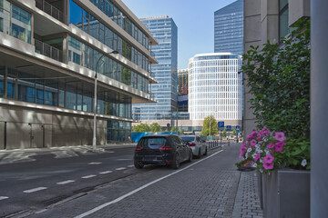 Morning city. Deserted streets, free of people. Rising summer sun. Green, calm urban spaces. Biodesign, urban landscape. Mrs. Warsaw. Palac Kultury. warszawa.architektura