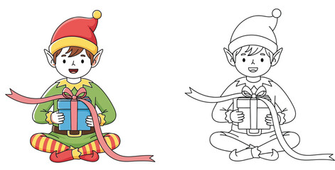 Cute cartoon Christmas elf sitting and holding a blue gift box with ribbon, vector illustration with colored version and black and white outline for coloring book page