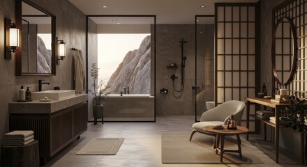 Obraz premium Luxurious modern bathroom design incorporates natural elements and a stunning rock landscape view