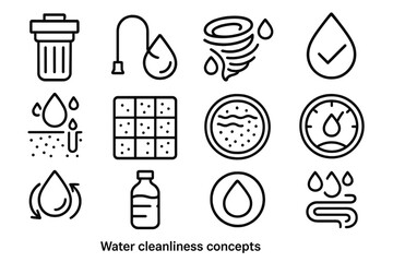 Water Purification Icons. Water Cleanliness Concepts Set linear icon set: filter housing, safe intake tube, purification swirl, clean water mark, contaminant barrier icon, sediment