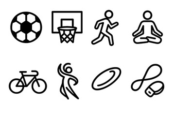 Obraz premium Community Recreation Icons. Recreational Community Spaces Activities linear icon set: soccer ball, basketball hoop, jogging figure, yoga pose, bike icon, dance swirl, frisbee, dog