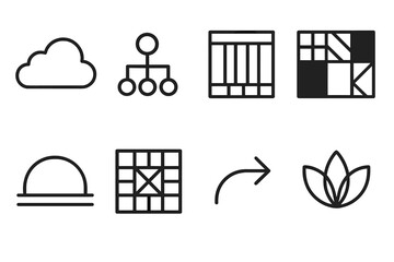 Creative Lifestyle Icons. Creative Lifestyle Mapping Icons linear icon set: concept cloud, branching ideas, mood palette, pattern blocks, lifestyle arc, design grid, flow arrow