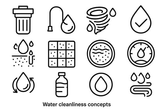 Water Purification Icons. Water Cleanliness Concepts Set linear icon set: filter housing, safe intake tube, purification swirl, clean water mark, contaminant barrier icon, sediment