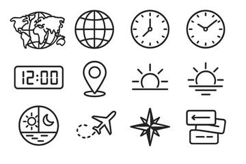Fototapeta premium Time Zone Icons. Global time zone map icons linear icon set. world map outline, longitude grid lines, analog clock faces showing different times, digital time display, location pin