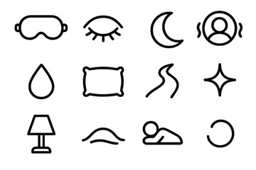 Serene Sleep Icons. Deep Rest linear icon set: sleep mask, closed eye, crescent moon, calm aura, soothing droplet, comfort cushion, still path, quiet star, warm light, peaceful