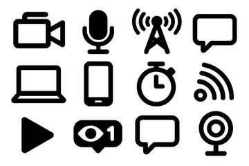 Brutalist Streaming Icons. Live Streaming silhouette icon set. video camera, microphone, broadcast tower, chat bubble, laptop, smartphone, timer, signal waves, play icon, viewer