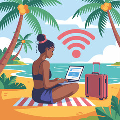 Fototapeta premium Digital Nomad Woman Working Remotely on Laptop at Tropical Beach with Strong Wi-Fi Signal Icon - Vector Illustration of Work-Life Balance and Travel Freedom