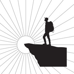 Silhouette of a hiker on a cliff edge with a sunburst background Keywords: silhouette, hiker, backpack, cliff, edge, mountain, summit, achievement, success, exploration, adventure, nature, sunrise