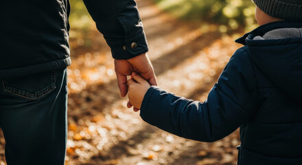 father and son holding hands on walk through sunny autumn park. closeup of family love, care, and togetherness. fatherhood and childhood concept.