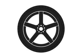 Automotive Black Car Wheel and Tire Vector Illustration. Modern Five-Spoke Alloy Rim and Rubber Tread Isolated Graphic Asset on White Background.
