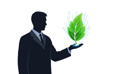 Professional businessman presents glowing green leaf symbolizing sustainability and innovation, a modern concept for eco friendly business growth.