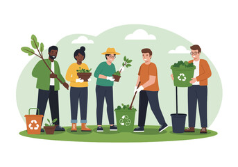 Diverse Volunteers Planting Trees and Recycling Waste. Group of people working together for nature conservation, sustainability, environmental protection, and Earth Day flat vector illustration.