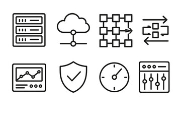 Digital Infrastructure Icons. Digital Infrastructure Management linear icon set: server rack, cloud node, network grid, data flow arrows, system dashboard, security shield, uptime