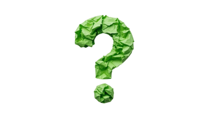 Crumpled light green paper forms a question mark on a transparent background. The texture is visible, creating a contrast between the colors.