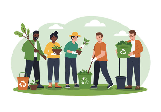Diverse Volunteers Planting Trees and Recycling Waste. Group of people working together for nature conservation, sustainability, environmental protection, and Earth Day flat vector illustration.