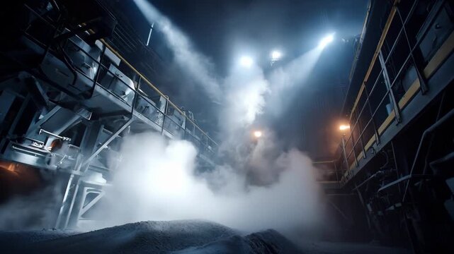 Dynamic medium shot of automated dust control mechanisms functioning within a busy foundry showcasing efficient particulate emission management.
