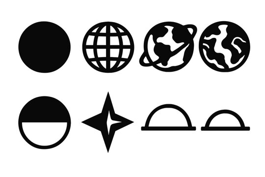 Bold Earth Icon Set. Earth Symbols silhouette icon set: planet silhouette, latitude lines, longitude lines, orbit ring, terrain contour, hemisphere cutaway, compass point, horizon