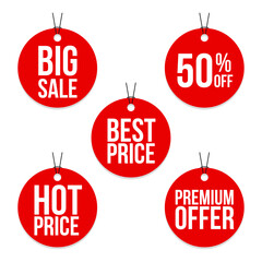 Set of red sale tags and labels. Paper gift label with rope. Special offer, sale, discount, shop, black Friday.