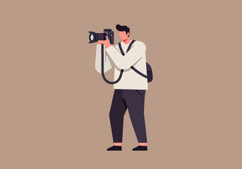 Modern vector illustration of a professional photographer standing, holding a DSLR camera with a strap, capturing images or video content.