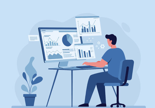 Data Analysis and Business Intelligence Concept. Man working on a desktop computer monitoring financial reports, charts, and graphs for optimization and market strategy development, flat vector illust