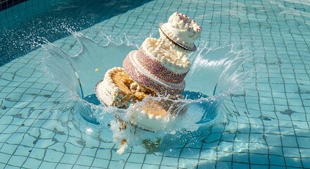 A multi-tiered celebration cake splashing dramatically as it falls into the clear blue water of a swimming pool.