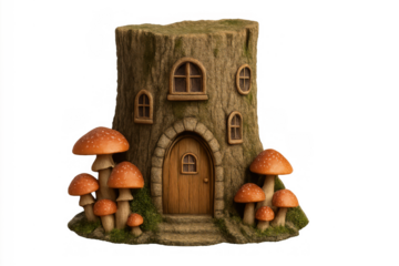 Fairy tree stump house with toadstool mushroom garden, fantasy miniature whimsical home for magical creatures, transparent background