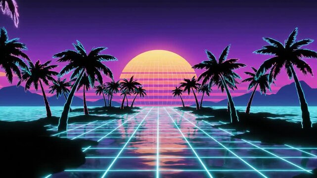80s Synthwave Sunset Beach Scene - An artistic video of a beach scene in a retro, synthwave style. Palm trees are silhouetted against a vibrant sunset sky, with a neon grid reflecting on the water.