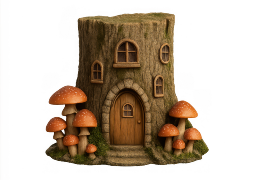 Fairy tree stump house with toadstool mushroom garden, fantasy miniature whimsical home for magical creatures, transparent background