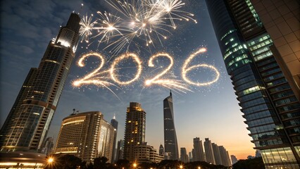 2026 New Year Fireworks Display Over City Skyline and Waterfront with Yachts
