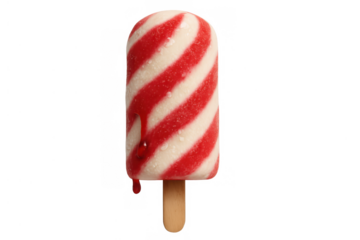 Swirling strawberry vanilla ice lolly melting on a wooden stick, delicious frozen dessert for summer refreshment