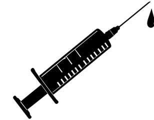 Syringe illustration with drop on needle tip and black background