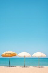 "Minimalist Beach Scene with Yellow and White Umbrellas by Turquoise Sea"

"Tranquil Ocean View with Three Umbrellas on Sandy Shore"

"Summer Vacation Concept with Beach Umbrellas and Clear Blue Sky"
