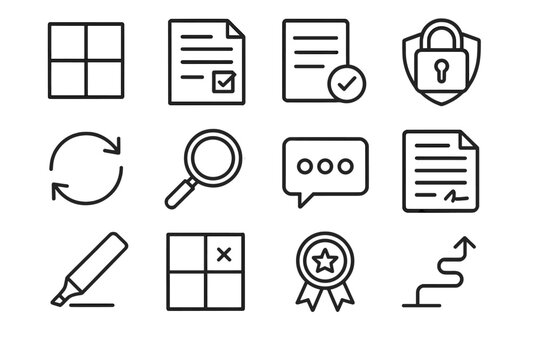 Ethical Study Icons. Ethical Study Design linear icon set: framework grid, criteria sheet, justified method card, protected data icon, review arrows, clarity lens, oversight panel