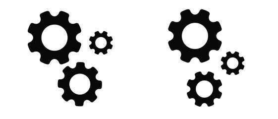 Two sets of three black gear icons, representing settings or mechanics, isolated on white background.
