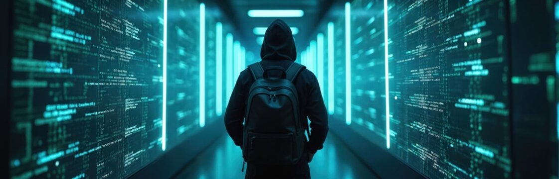 Person in black hoodie with backpack walks through digital corridor. Back view of hacker in tech environment with illuminated code on walls. Cyber security breach concept. Tech or IT. - Powered by Adobe