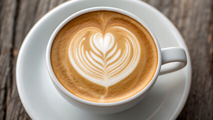 Close up overhead view of a creamy latte with intricate heart shaped latte art on a wooden table