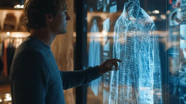 Man interacts with augmented reality virtual fitting room viewing 3D clothing overlays in a stylish retail setting.