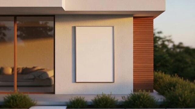 Modern house facade with blank poster mockup at sunset light.
