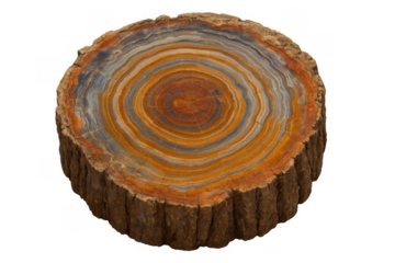 Petrified wood cross-section revealing ancient geological formation, detailed tree rings, and colorful mineral patterns on transparent background